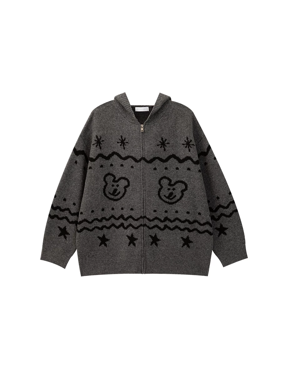 【DINOTAENG】Knit Pattern Hooded Cardigan Jacket
