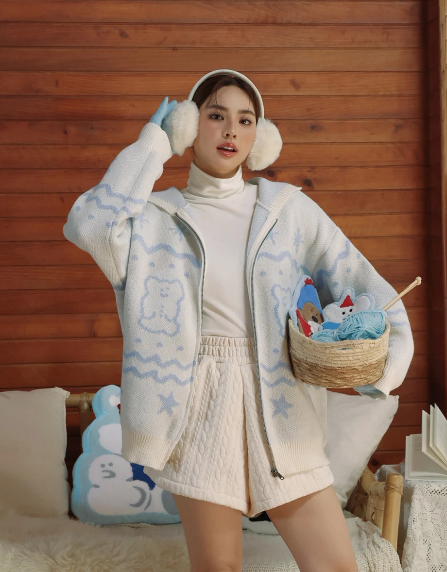 【DINOTAENG】Knit Pattern Hooded Cardigan Jacket