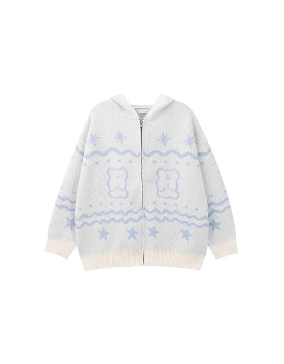 【DINOTAENG】Knit Pattern Hooded Cardigan Jacket