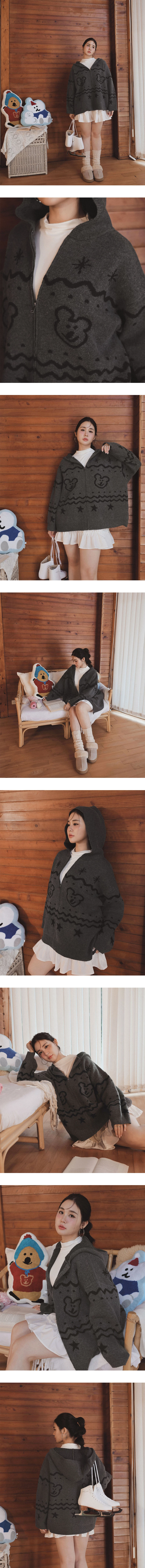 【DINOTAENG】Knit Pattern Hooded Cardigan Jacket