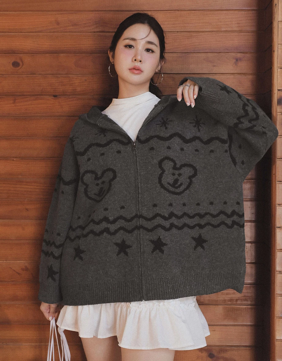【DINOTAENG】Knit Pattern Hooded Cardigan Jacket