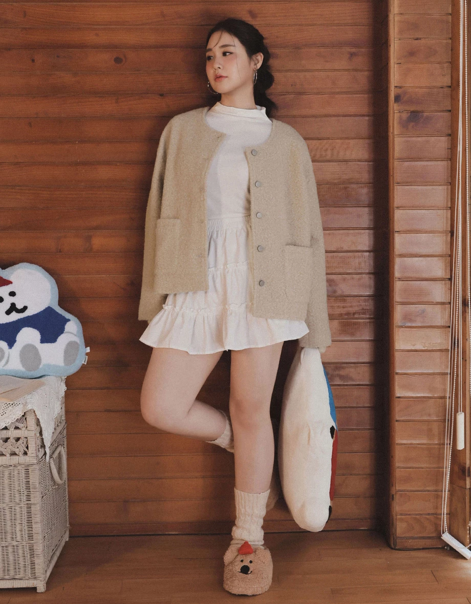 【DINOTAENG】Round Neck Tweed Jacket With Pocket 【DINOTAENG】Round Neck Tweed Jacket With Pocket