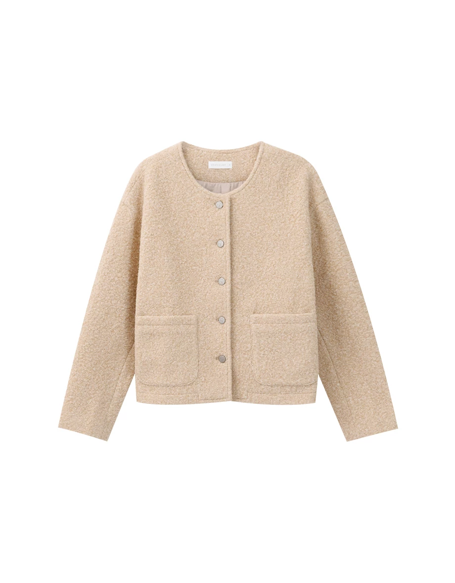 【DINOTAENG】Round Neck Tweed Jacket With Pocket