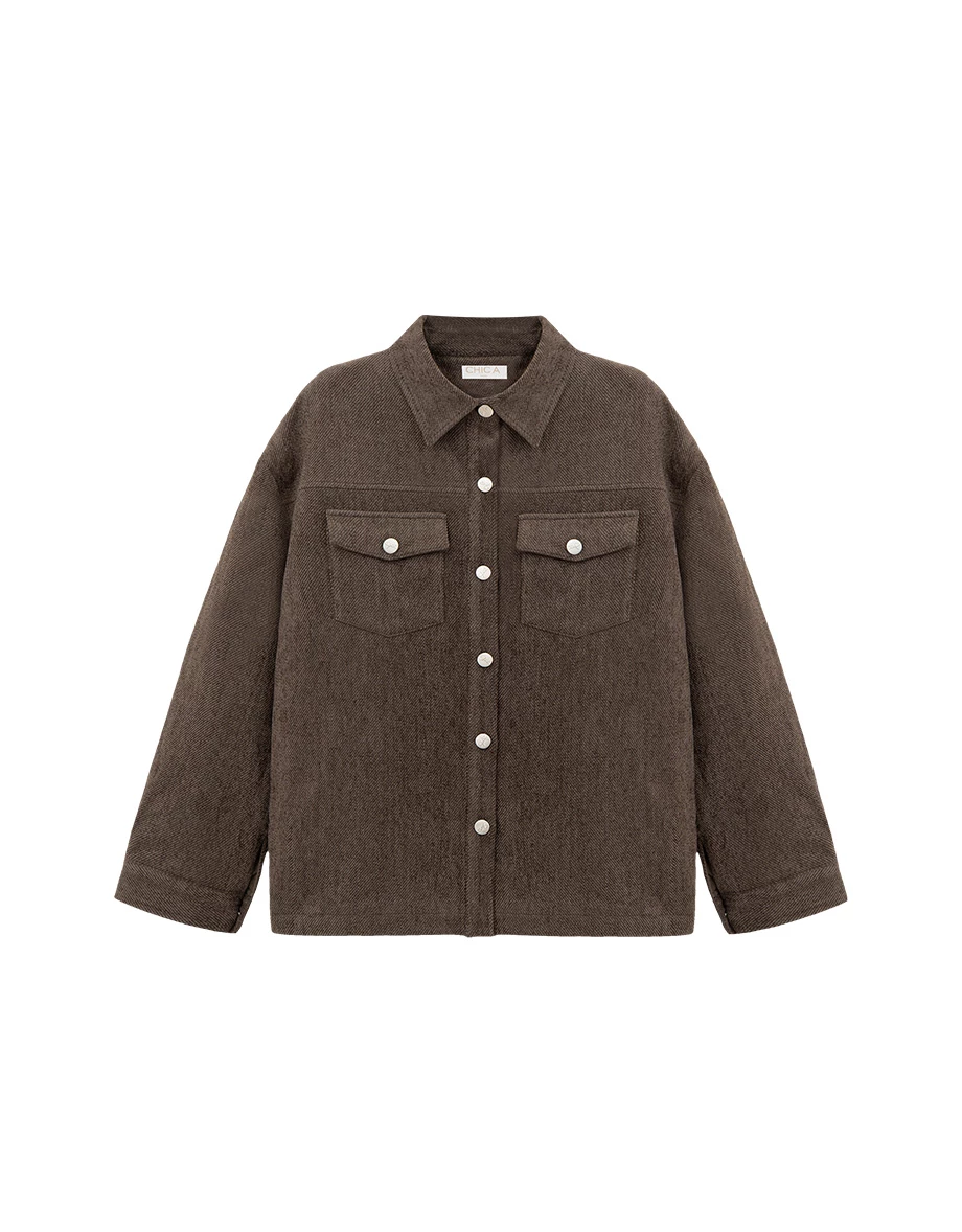 Oversized Collared Button Up Shirt Jacket with Front Flap Pockets