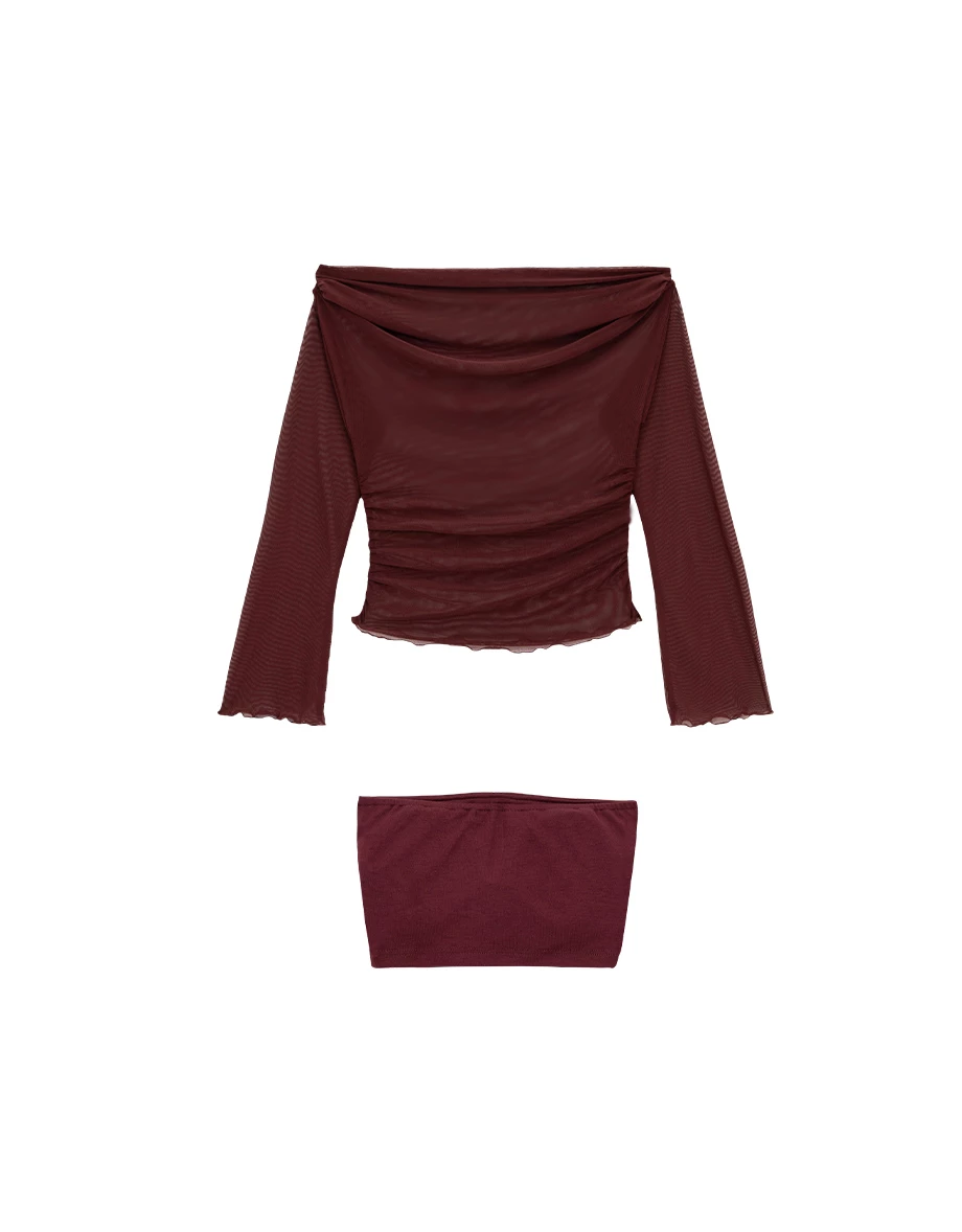 Sheer Off Shoulder Mesh Long Sleeve Top with Matching Bandeau Padded Bra Top Set Wear Sheer Off Shoulder Mesh Long Sleeve Top with Matching Bandeau Padded Bra Top Set Wear