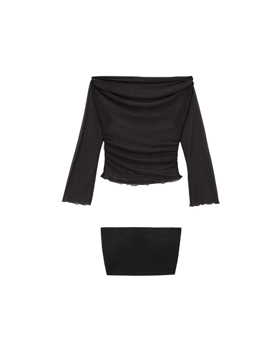 Sheer Off Shoulder Mesh Long Sleeve Top with Matching Bandeau Padded Bra Top Set Wear Sheer Off Shoulder Mesh Long Sleeve Top with Matching Bandeau Padded Bra Top Set Wear