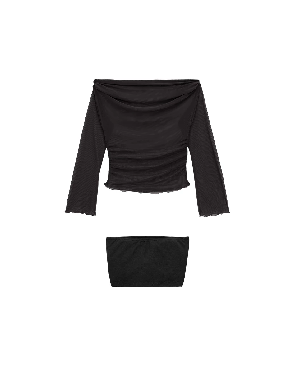 Sheer Off Shoulder Mesh Long Sleeve Top with Matching Bandeau Padded Bra Top Set Wear Sheer Off Shoulder Mesh Long Sleeve Top with Matching Bandeau Padded Bra Top Set Wear