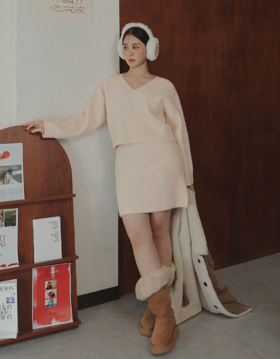 Cozy Ribbed Knit V Neck Long Sleeve Top and Matching Mini Skirt Set Wear