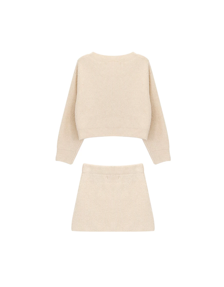 Cozy Ribbed Knit V Neck Long Sleeve Top and Matching Mini Skirt Set Wear