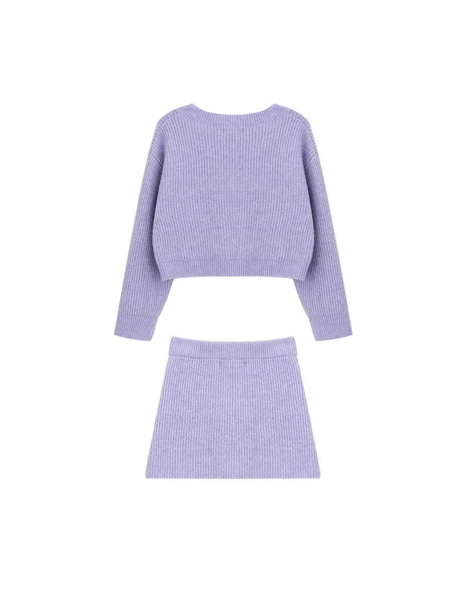 Cozy Ribbed Knit V Neck Long Sleeve Top and Matching Mini Skirt Set Wear