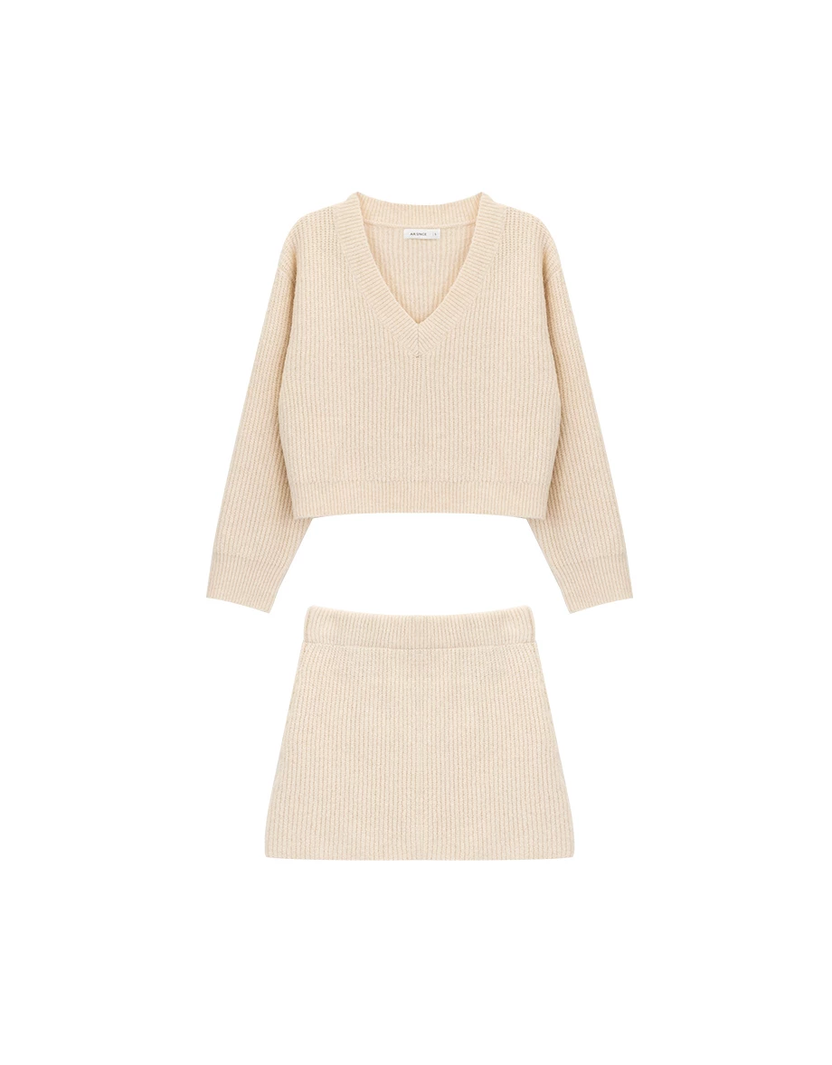 Cozy Ribbed Knit V Neck Long Sleeve Top and Matching Mini Skirt Set Wear