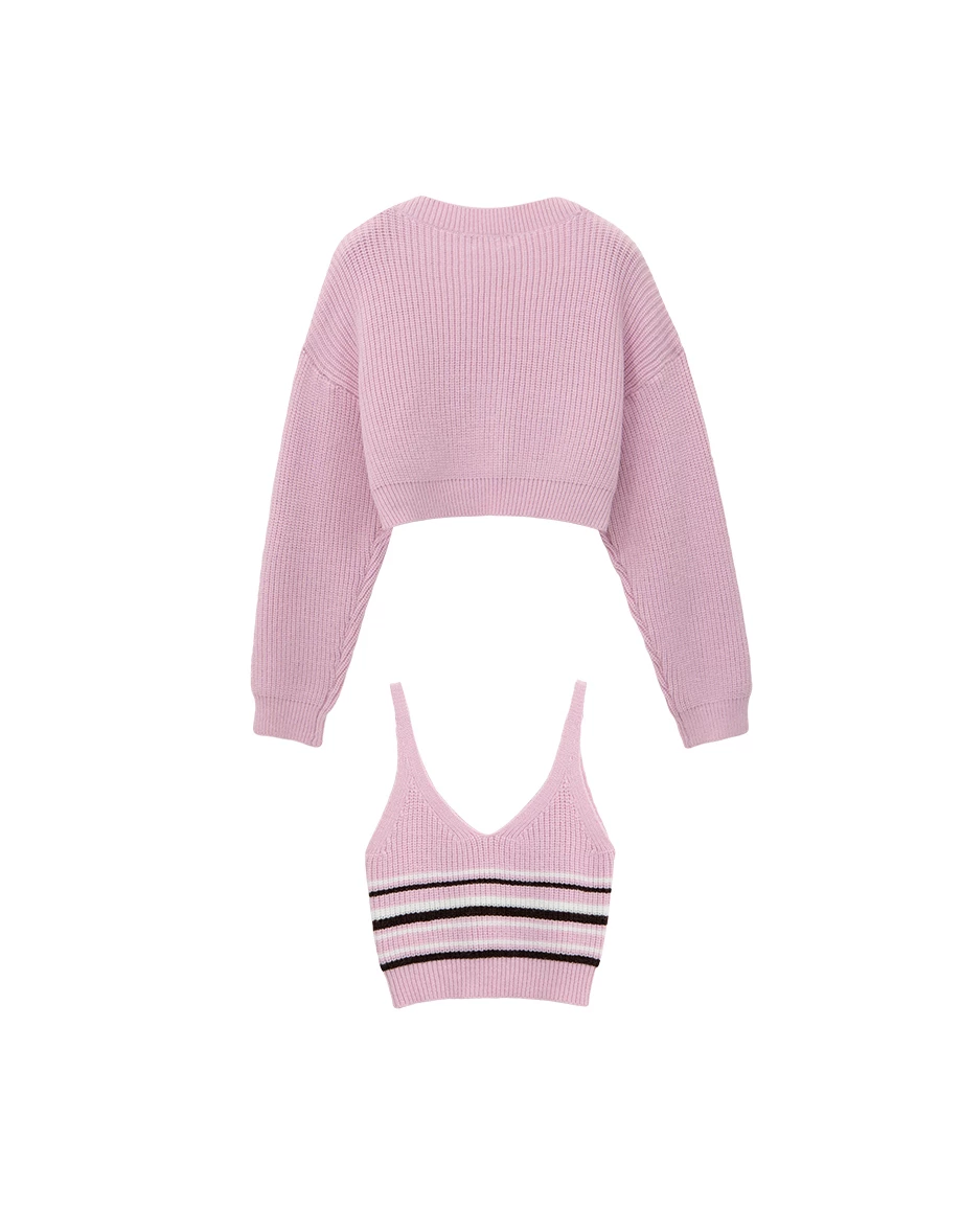 V Neck Striped Knit Tank Top and Single Button Cropped Cardigan Set Wear