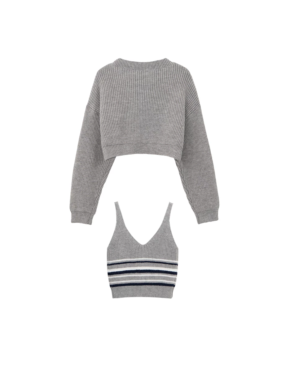 V Neck Striped Knit Tank Top and Single Button Cropped Cardigan Set Wear