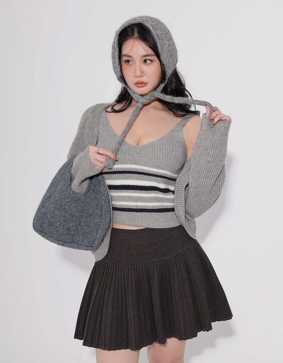 V Neck Striped Knit Tank Top and Single Button Cropped Cardigan Set Wear