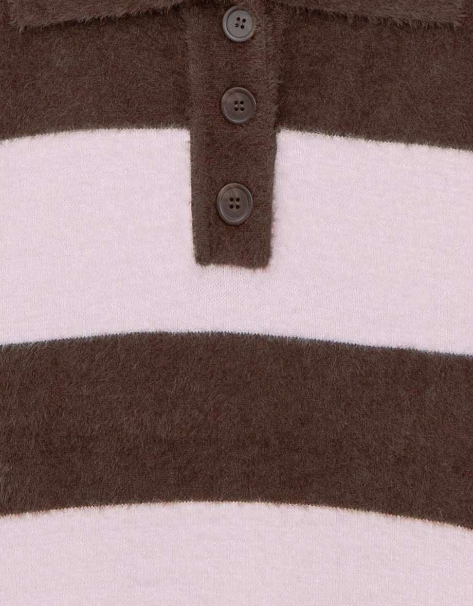 Oversized Fluffy Contrast Stripe Knit Polo Top