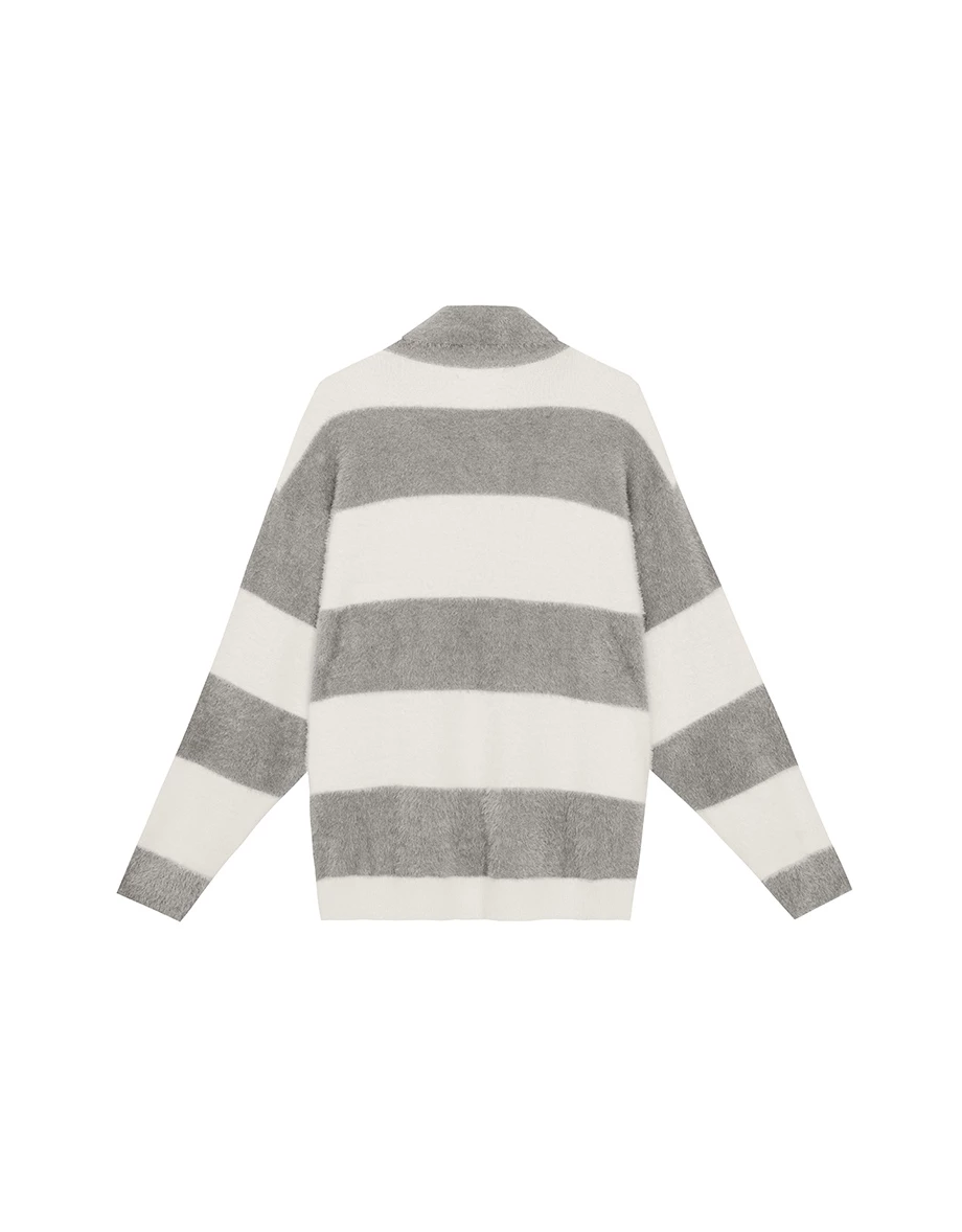 Oversized Fluffy Contrast Stripe Knit Polo Top