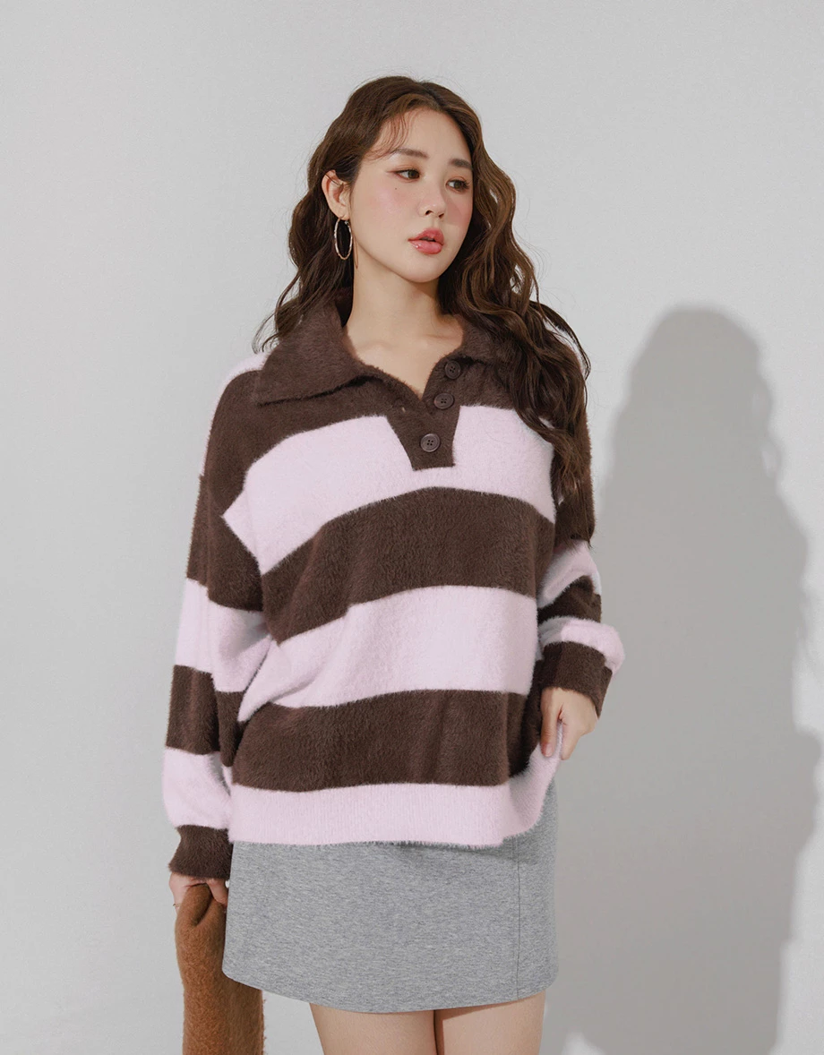 Oversized Fluffy Contrast Stripe Knit Polo Top