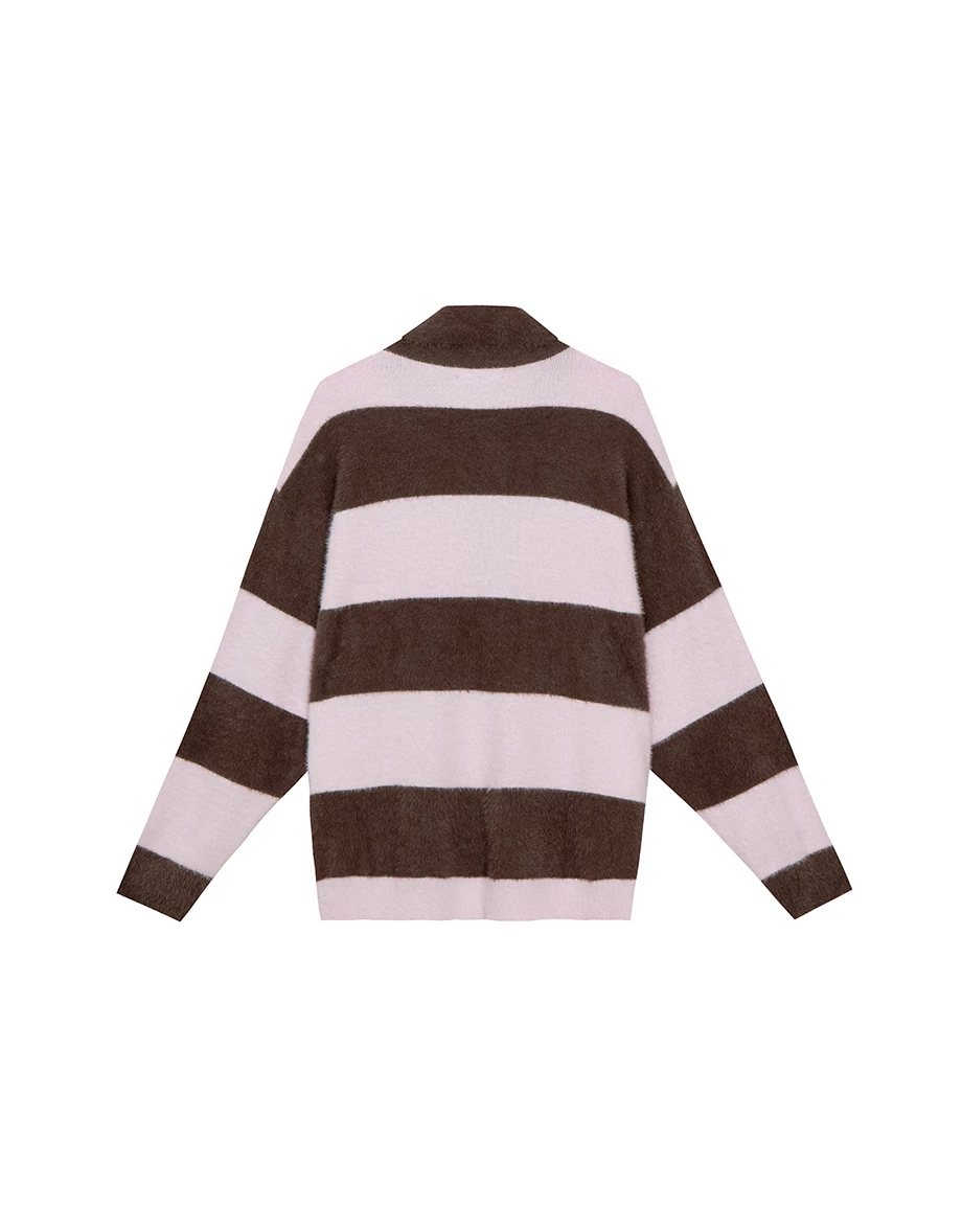 Oversized Fluffy Contrast Stripe Knit Polo Top