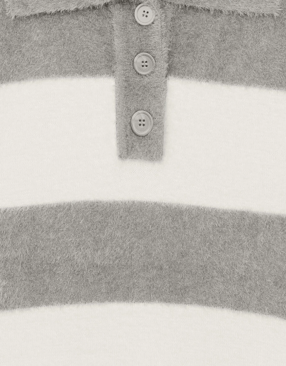 Oversized Fluffy Contrast Stripe Knit Polo Top