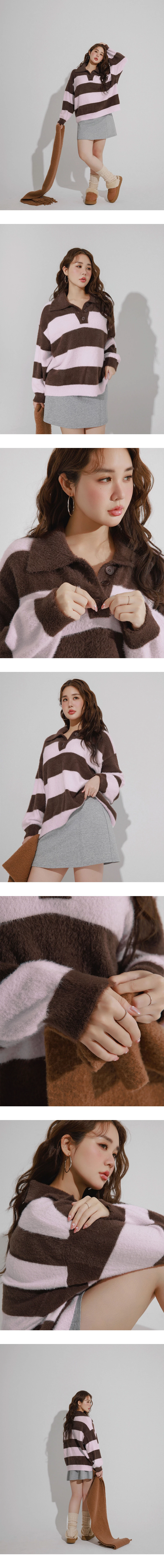 Oversized Fluffy Contrast Stripe Knit Polo Top