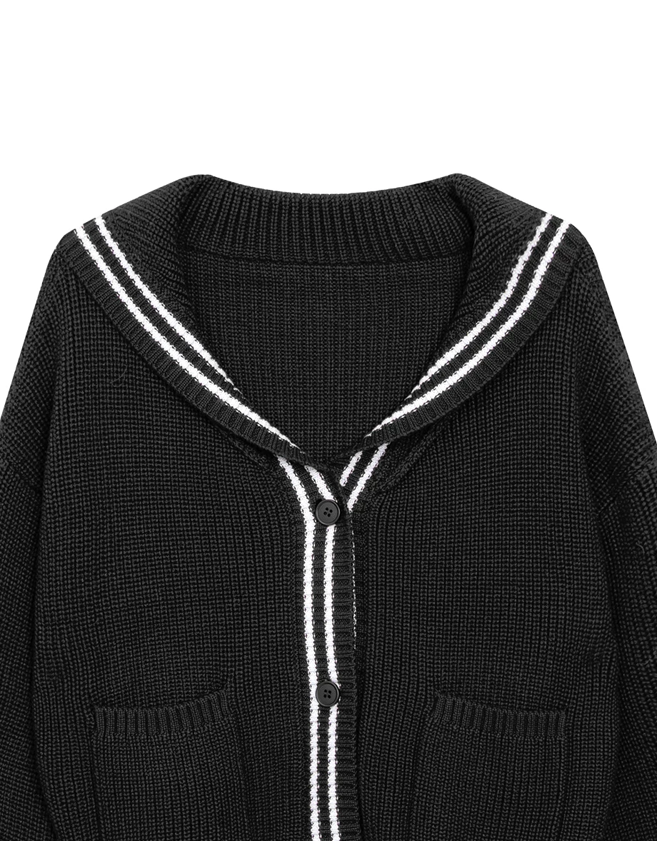 Preppy Style Knit Cardigan with Contrast Striped Sailor Collar