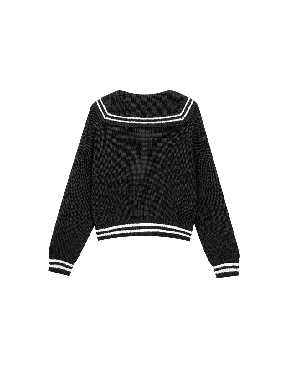 Preppy Style Knit Cardigan with Contrast Striped Sailor Collar