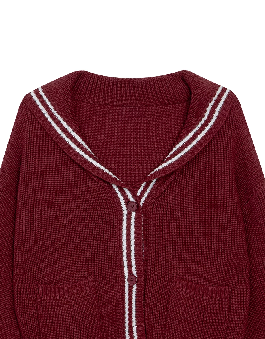 Preppy Style Knit Cardigan with Contrast Striped Sailor Collar