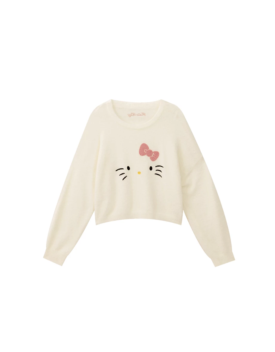 【Hello Kitty Collaboration】Plush Knit Crop Sweater with Kitty Motif 【Hello Kitty Collaboration】Plush Knit Crop Sweater with Kitty Motif