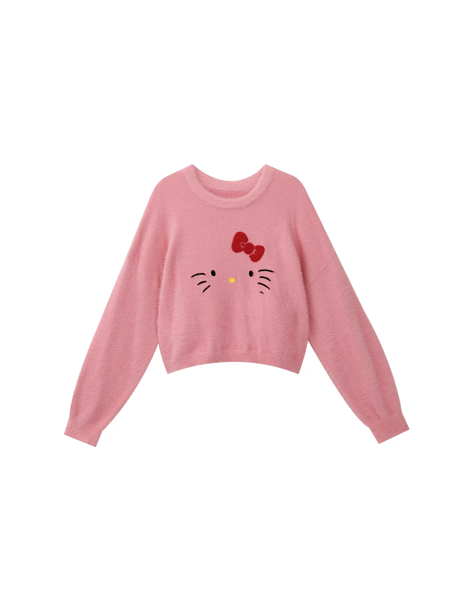 【Hello Kitty Collaboration】Plush Knit Crop Sweater with Kitty Motif 【Hello Kitty Collaboration】Plush Knit Crop Sweater with Kitty Motif
