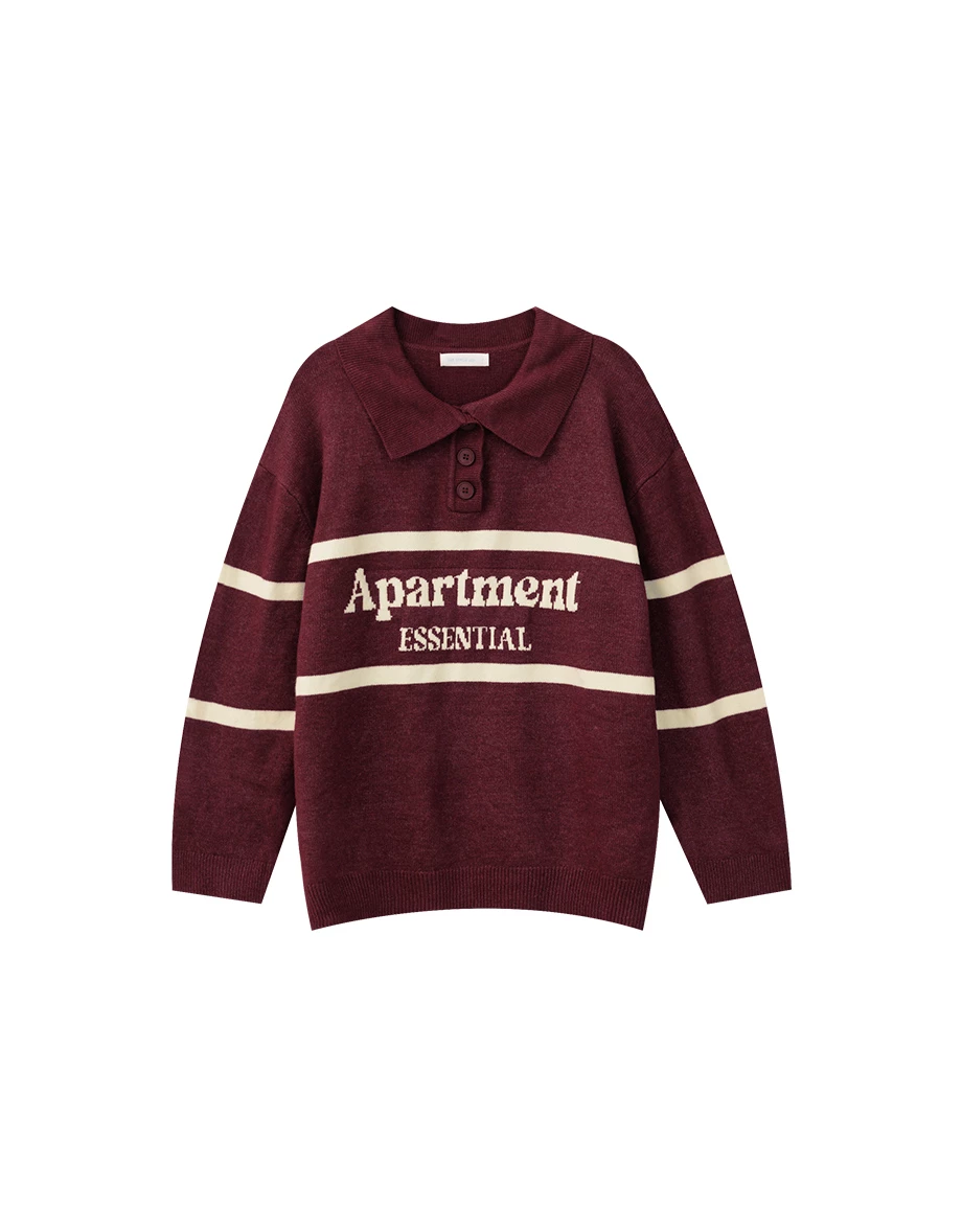 Contrast Stripe Knit Polo Sweater with Letter Embroidery