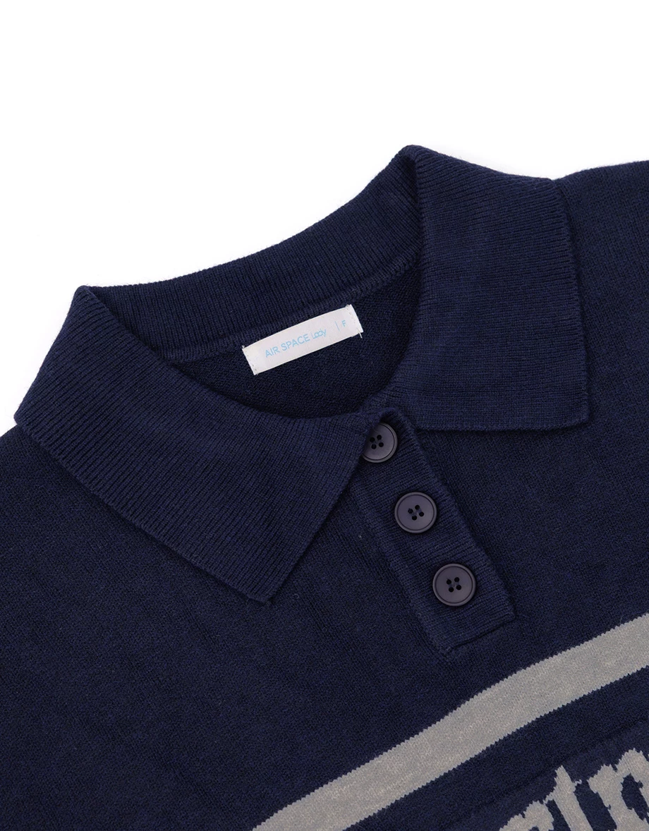 Contrast Stripe Knit Polo Sweater with Letter Embroidery