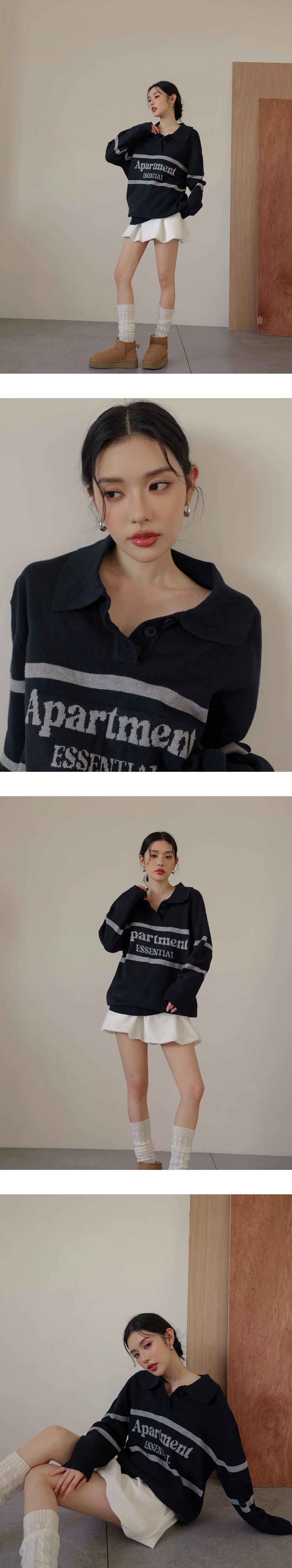 Contrast Stripe Knit Polo Sweater with Letter Embroidery
