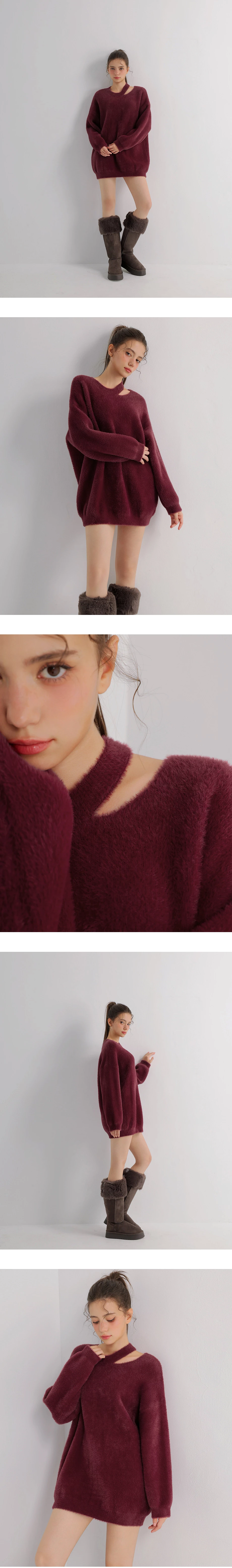 Asymmetric Cut Out Neckline Soft Fluffy Knit Sweater Asymmetric Cut Out Neckline Soft Fluffy Knit Sweater