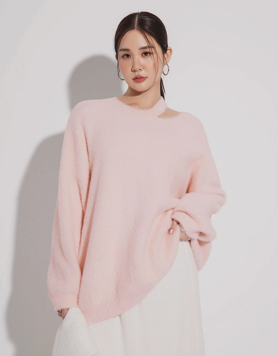 Asymmetric Cut Out Neckline Soft Fluffy Knit Sweater Asymmetric Cut Out Neckline Soft Fluffy Knit Sweater