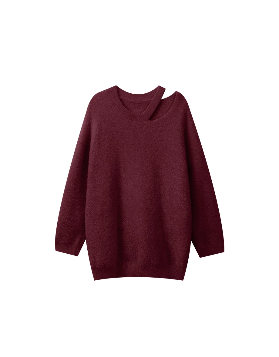Asymmetric Cut Out Neckline Soft Fluffy Knit Sweater Asymmetric Cut Out Neckline Soft Fluffy Knit Sweater