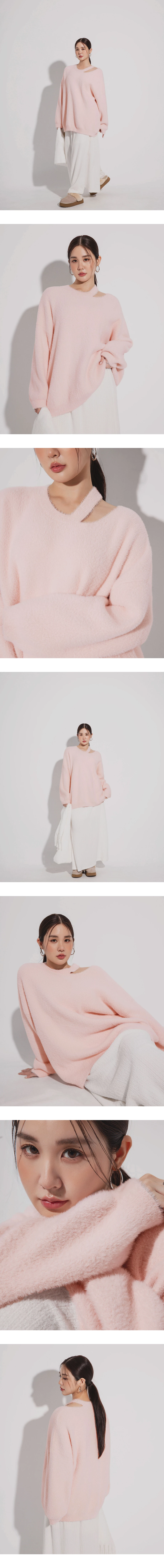 Asymmetric Cut Out Neckline Soft Fluffy Knit Sweater Asymmetric Cut Out Neckline Soft Fluffy Knit Sweater