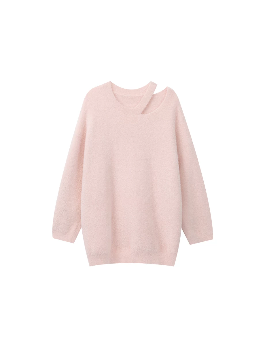 Asymmetric Cut Out Neckline Soft Fluffy Knit Sweater