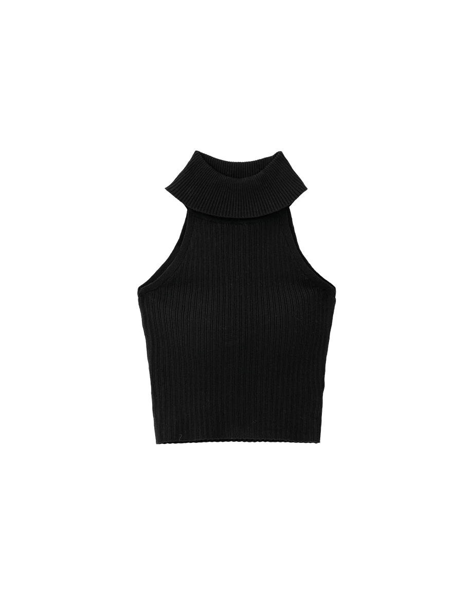 Sleeveless Turtleneck Ribbed Knit Plain Crop Padded Tank Top