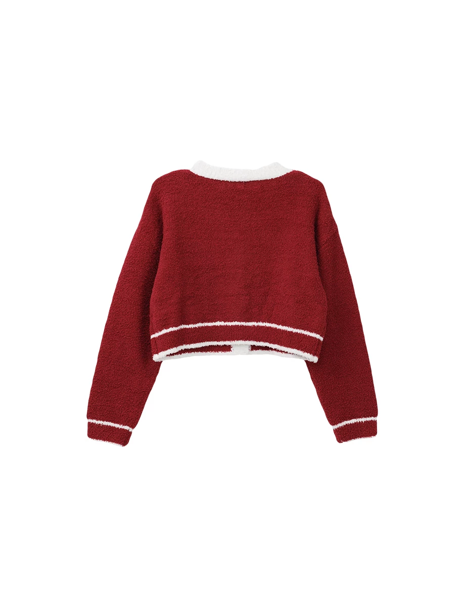 Contrast Trim Fluffy Knit Cardigan with Gold Button Accents Contrast Trim Fluffy Knit Cardigan with Gold Button Accents