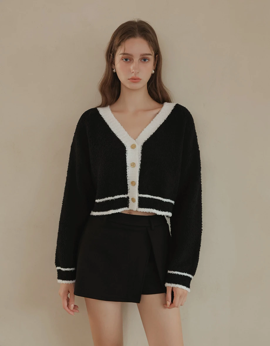 Contrast Trim Fluffy Knit Cardigan with Gold Button Accents Contrast Trim Fluffy Knit Cardigan with Gold Button Accents