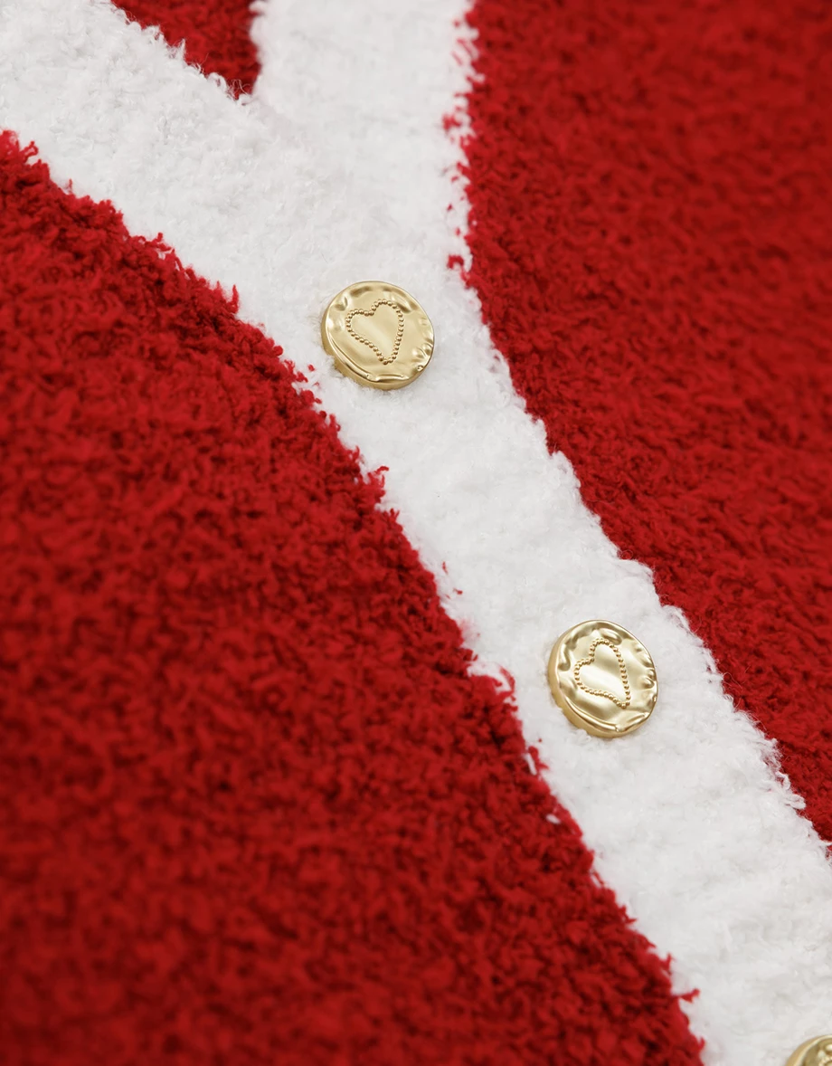 Contrast Trim Fluffy Knit Cardigan with Gold Button Accents Contrast Trim Fluffy Knit Cardigan with Gold Button Accents