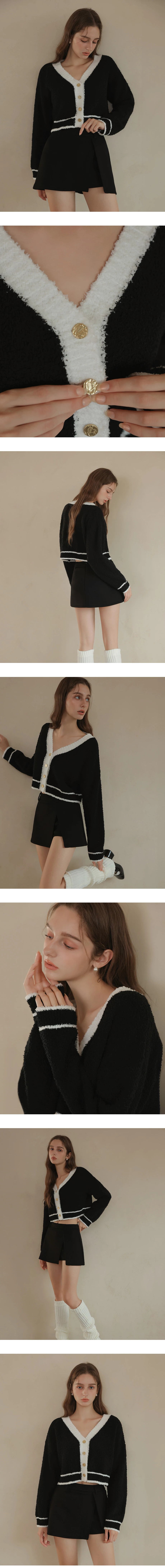 Contrast Trim Fluffy Knit Cardigan with Gold Button Accents Contrast Trim Fluffy Knit Cardigan with Gold Button Accents