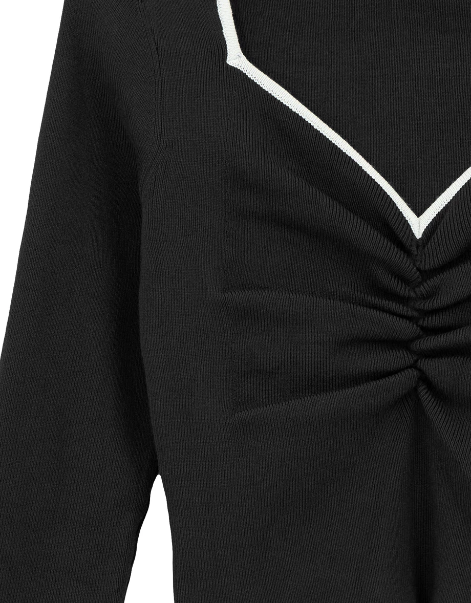 Contrast Trim Ruched Front Sweetheart Neckline Ribbed Knit Top Contrast Trim Ruched Front Sweetheart Neckline Ribbed Knit Top