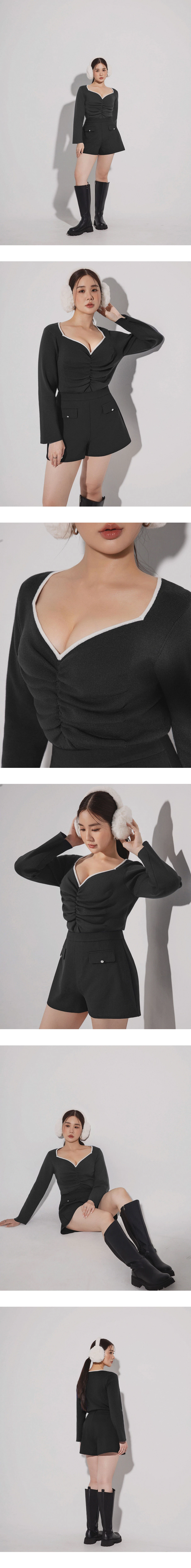 Contrast Trim Ruched Front Sweetheart Neckline Ribbed Knit Top Contrast Trim Ruched Front Sweetheart Neckline Ribbed Knit Top