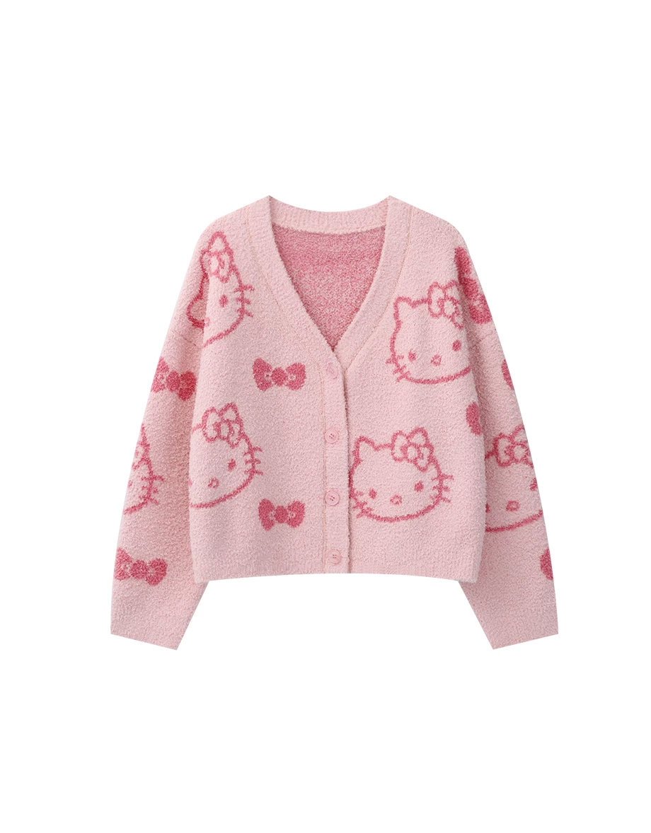 【Hello Kitty Collaboration】Hello Kitty All-Over Print Fluffy Knit Cardigan 【Hello Kitty Collaboration】Hello Kitty All-Over Print Fluffy Knit Cardigan