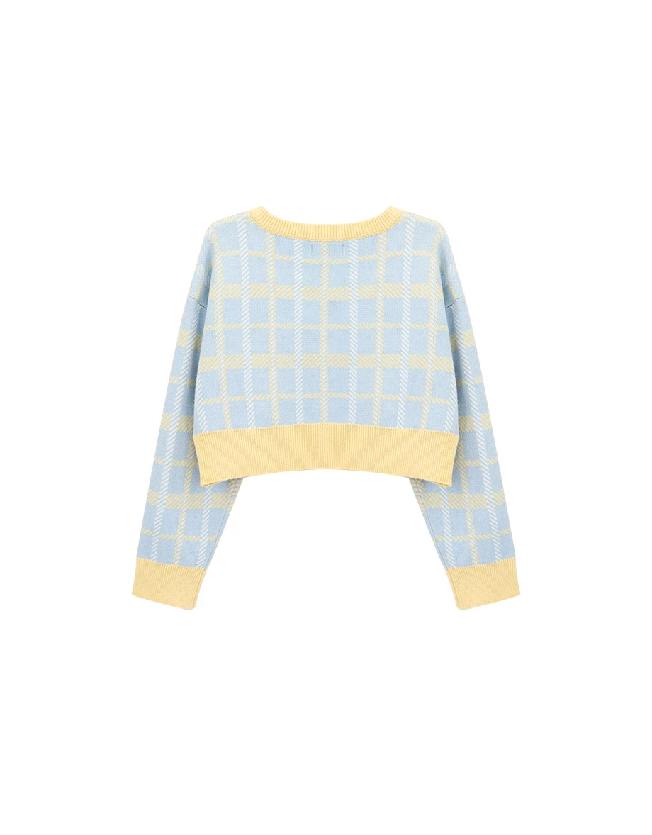 Vintage Inspired Plaid V Neck Cropped Knit Cardigan