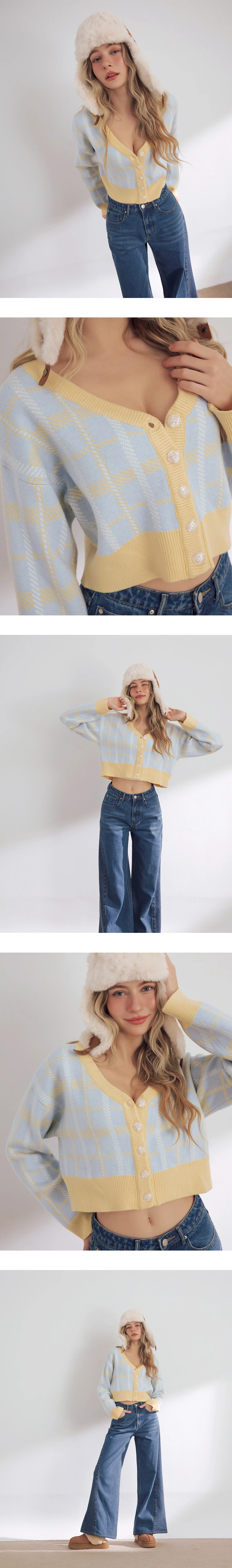 Vintage Inspired Plaid V Neck Cropped Knit Cardigan