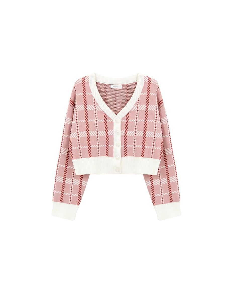Vintage Inspired Plaid V Neck Cropped Knit Cardigan