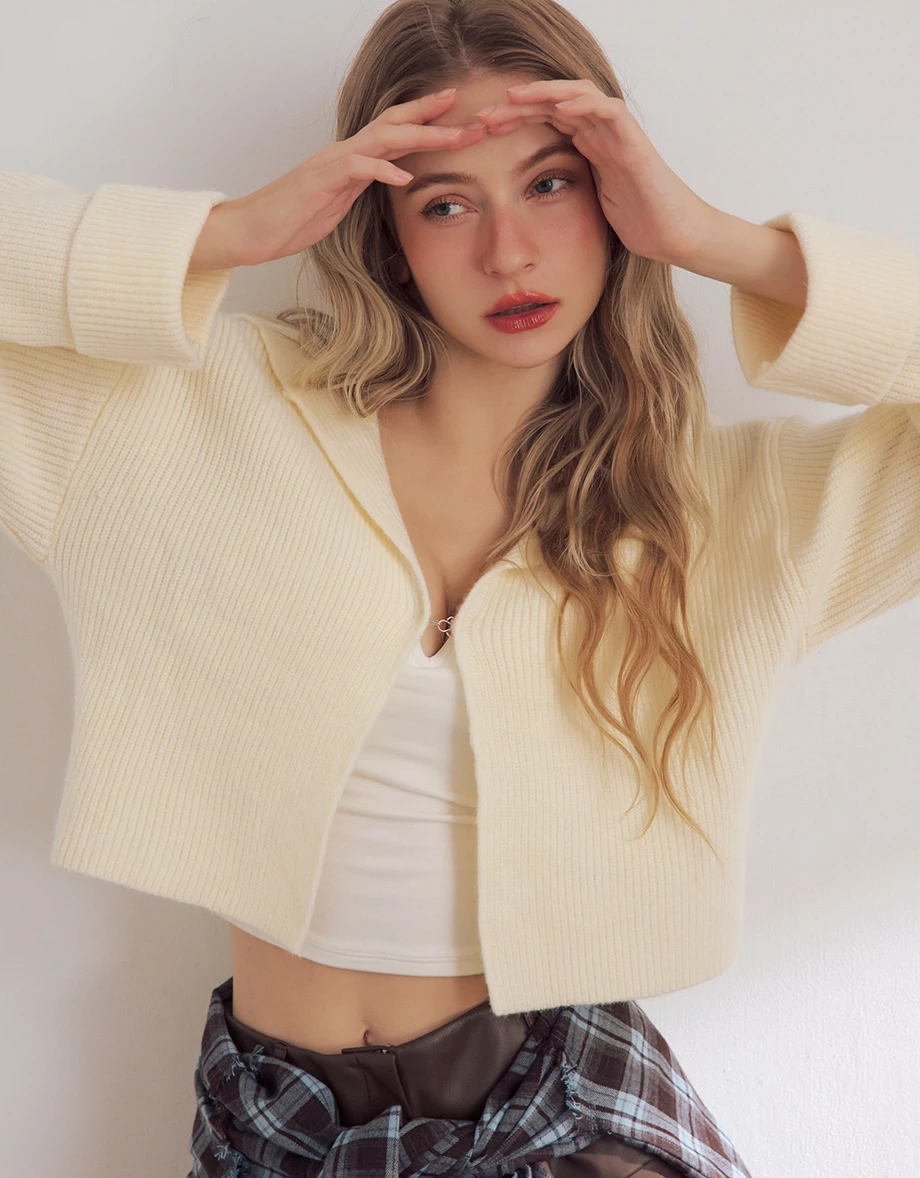 Folded Sailor Collar Hook Front Knit Short Cardigan