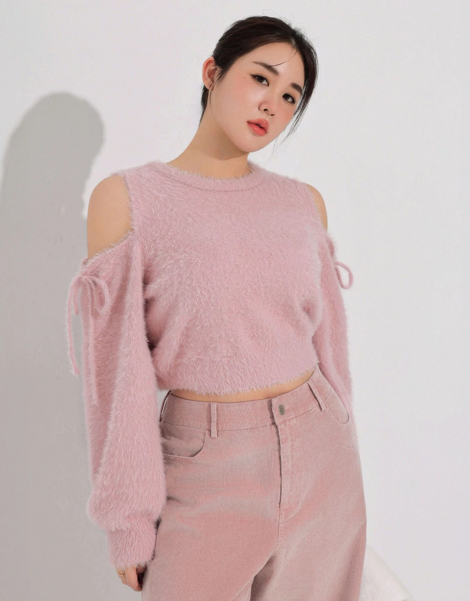 Soft Fuzzy Tie Detail Cold Shoulder Knit Top